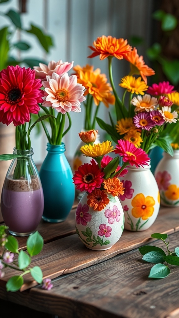 Decorative egg vases with flowers on a wooden table, showcasing colorful painted shells.